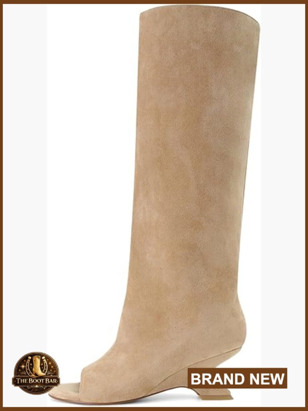 Peep Toe Wedge Heel Knee High Boots - Pull On Style, Suede Look, 7cm Heel